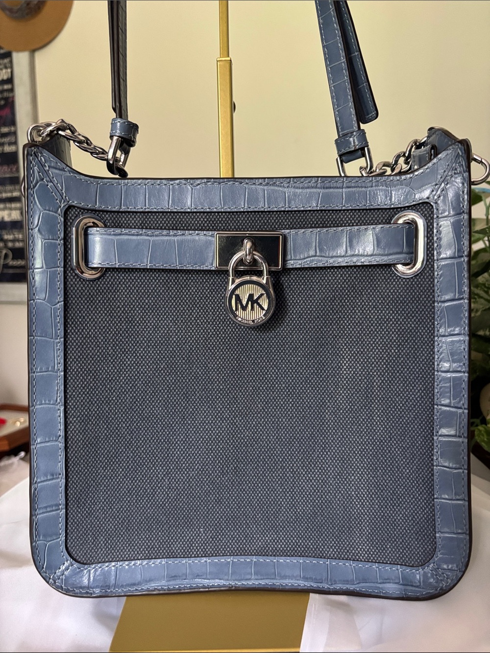 Michael Kors Denim-Blue Croc-Trim Canvas Crossbody/Shoulder Bag